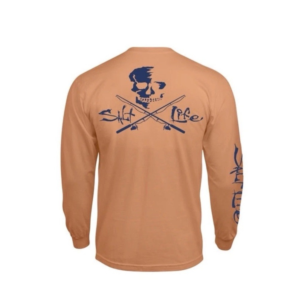 Salt Life Mens Skull Poles Long Sleeve T Shirt Grapefruit Orange NWT